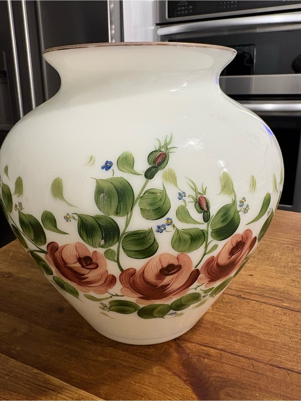 Hand-Painted Rose Milk Glass Vase by Rainbow Art Glass